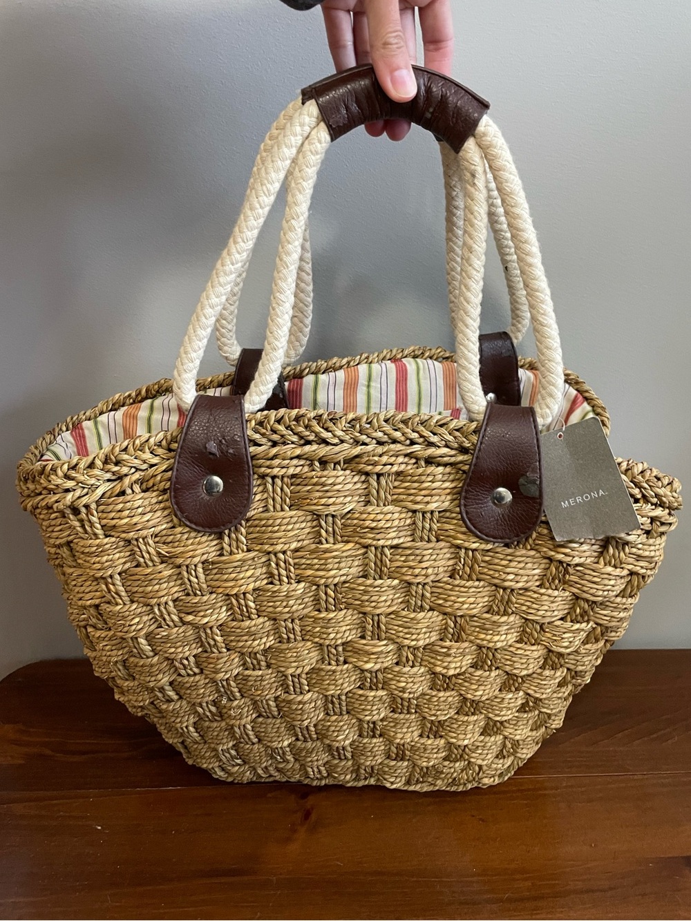 Merona Tan Woven Straw Tote with Cream Rope Handles and Brown Trim